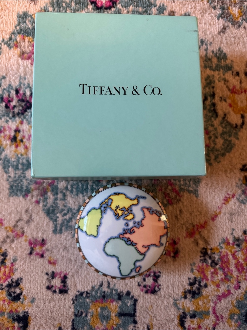 Tiffany & Co. Multicolor Enamel World Map Trinket Box with Blue Box